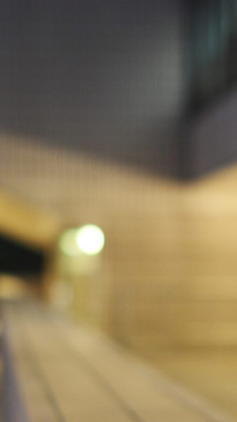 Woman standing at a train station looking at her phone with red phone cover 